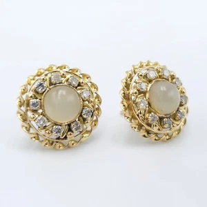 14ct Solid Yellow Gold Natural Diamond & Moonstone Ladies Stud Earrings 17mm - Picture 1 of 4