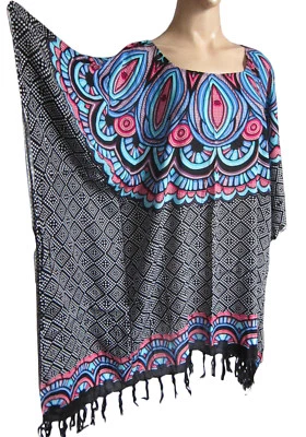 Femmes Noir/Imprimé Bleu Franges Caftan Poncho Tunique Plage Grand Taille Neuf - Photo 1/4