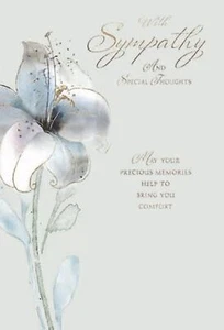 With Sympathy Condolence Card - Green with White Lily and Gold Foil 7.5x5.25" - Picture 1 of 4