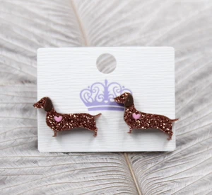 Cute Sausage Dog Glitter Stud Earrings Dachshund Gift Quirky Novelty Pink Heart - Picture 1 of 3