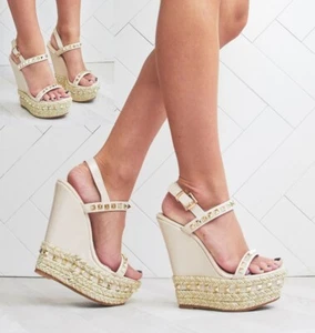 SANDALIAS DE MUJER SEÑORA STUD DETALLE PLATAFORMA CUÑA PEEP TOE VERANO ALPARGATA - Imagen 1 de 9