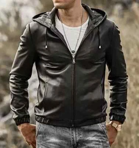 Men's Motorbike Genuine Lambskin Leather Bomber Hooded Jacket Classic Biker Coat - Picture 1 of 5