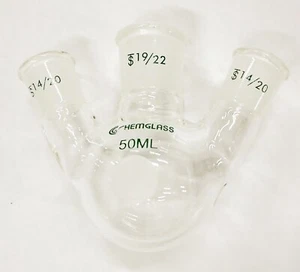 CHEMGLASS 14/20 19/22 Glass 50mL 3-Neck Heavy Wall Round Bottom Flask CG-1524-A - Picture 1 of 3