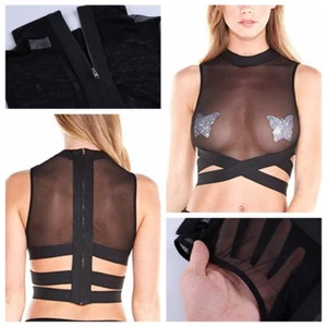 Damen Kurz Oberteil Bauchfrei Crop Top Mesh Durchsichtig Tops Shirt Gr. S M L XL - Picture 1 of 12