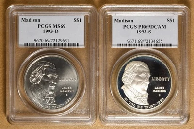 1993 Unc & Proof James Madison Commemorative Silver Dollars PCGS MS69 & PR69DCAM - Image 1 of 2