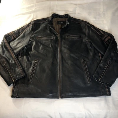 Black Rivet Genuine Leather Biker Bomber Jacket Mens 3XLT Brown Trim Heavy - Image 1 of 4