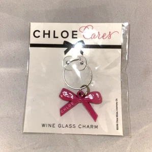 Lot of 5 NEW "CHLOE CARES" Chloe Wine Glass Charm Pink Ribbon Bow Breast Cancer - Picture 1 of 3