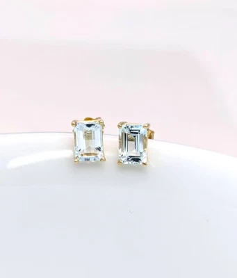 4 Karat Smaragdschliff Aquamarin Damen Push Back Ohrstecker 14K Gelbgold verg... - Bild 1 von 4