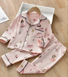 Pajama Set For Girls Soft Cotton Cartoon Print Lapel Top Long Sleeve Pants - Picture 1 of 5