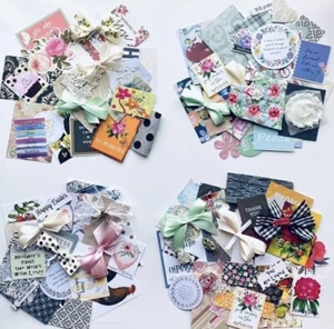 Grab Bag Fabric Lot Of 60 Plus Fabrics Trims Quotes Papers Bows & Ephemera #BG60 - Picture 1 of 4
