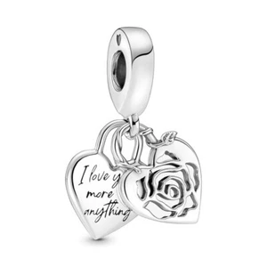 Sterling Silver 925 I Love You More Than Anything Heart Rose Mum Dangle Charm - Picture 1 of 1