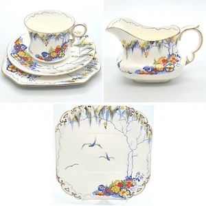 Art Deco Carlton China Bone China Trios Cake Plate Milk Jug Pieces 1930s English - Picture 1 of 20
