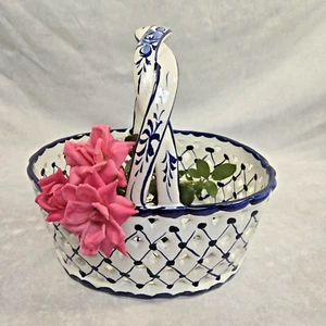 Vtg. Delft Style Blue & White Ceramic Open Weave Basket w/ Handle - Portugal - Picture 1 of 9