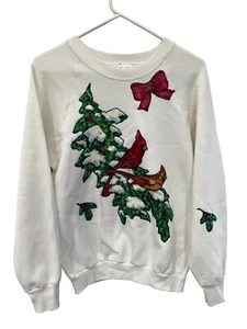 JERZEES 90s Christmas Sweatshirt Puffy Paint Red Bird Cardinals Size Medium - Picture 1 of 4