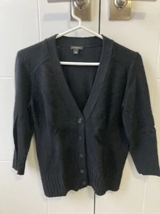 Ann Taylor~3/4 Sleeve V-Neck Cardigan Sweater~M Medium~Black~Wool Blend Classic - Picture 1 of 11