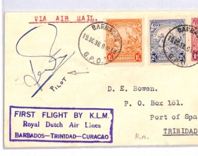 Cubierta de correo aéreo de Barbados 1938 KLM PRIMER VUELO TRINIDAD piloto *firmado* YS108 Foto 1 de 4