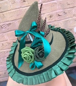 Stunning Green Shades Steampunk Witches Hat Rose Feathers Potter Crystal (WH)B - Picture 1 of 7
