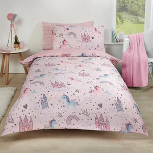 Dreamscene Unicorn Kingdom Duvet Cover and Pillowcase Kids Pink Star Bedding Set - Picture 1 of 17