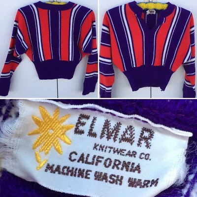 Vintage EL MAR Knitwear Co California Striped Sweater Dolman Sleeves Cropped XS - Image 1 of 4