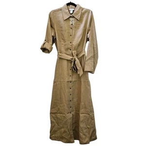 Soft Surroundings Shirt Dress M Tan Linen Roll Tab Button Up Belted Maxi NWOT - Picture 1 of 14