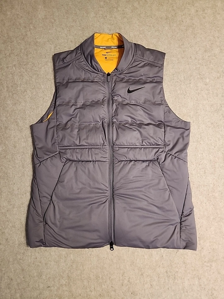 Chaleco acolchado Nike Golf Aeroloft para hombre cremallera completa gris amarillo rendimiento talla L Foto 1 de 4