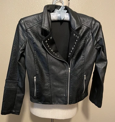 Disney D-Signed Black Moto Faux Leather Jacket, Embellished Lapels, Size M 10-12 - Image 1 of 4