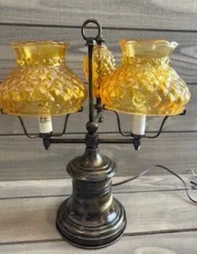 Vintage Double Arm Student Lamp with Amber Shades - Image 1 of 1