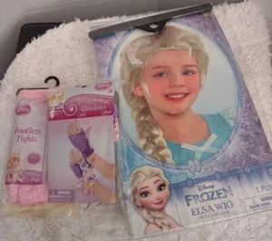 3 piece set Disney  FROZEN ELSA Footless Tights Small 4-6, Wig & Glovelettes - Picture 1 of 4