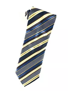 Haggar Herrenkrawatte aus 100 % Seide neu ohne Etikett handgefertigt gold/blau/grau gestreift - Bild 1 von 3