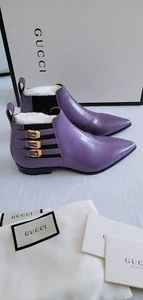 Gucci Women's Quebec 3 Buckle Pointed Toe Leather Ankle Boots in purple IT36 US6 - Picture 1 of 12