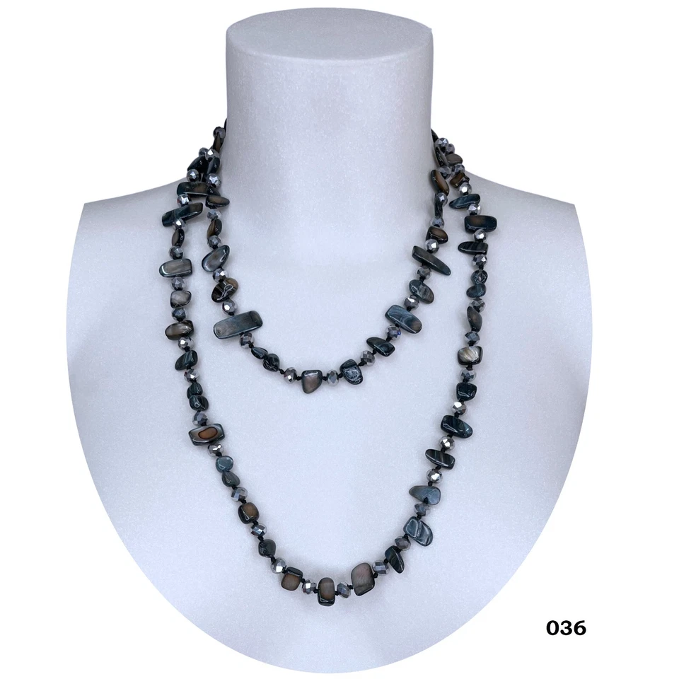 Nero Argent Collana Madreperla Cristallo Pietre Dure Filo Lungo Donna 110cm M/36 - Immagine 1 di 2