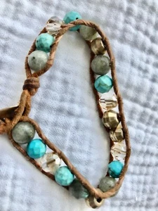 Chan Luu leather beaded bracelet turquoise, button closure stone & crystal beads - Picture 1 of 12