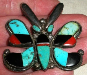 VINTAGE LARGE ZUNI BUTTERFLY TURQUOISE CORAL ONYX STERLING SILVER PIN vafo - Picture 1 of 7