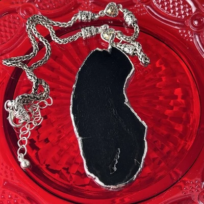 "Collar colgante rebanada de ónix negro - cadena tono plata - 18-21"" - piedra natural" Foto 1 de 4