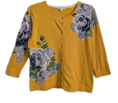 Cárdigan floral Isaac Mizrahi para mujer mediano amarillo mostaza/púrpura Foto 1 de 4