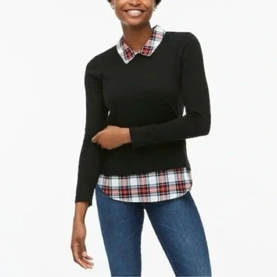 J. Черный красный клетчатый пуловер CREW 2Fer многослойный вид с воротником свитер топ S - Изображение 1 из 4