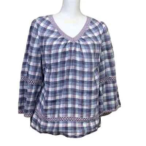 Chico's lavender/white plaid linen tunic, lace, flared sleeves, 1 or 8/10 - Picture 1 of 7