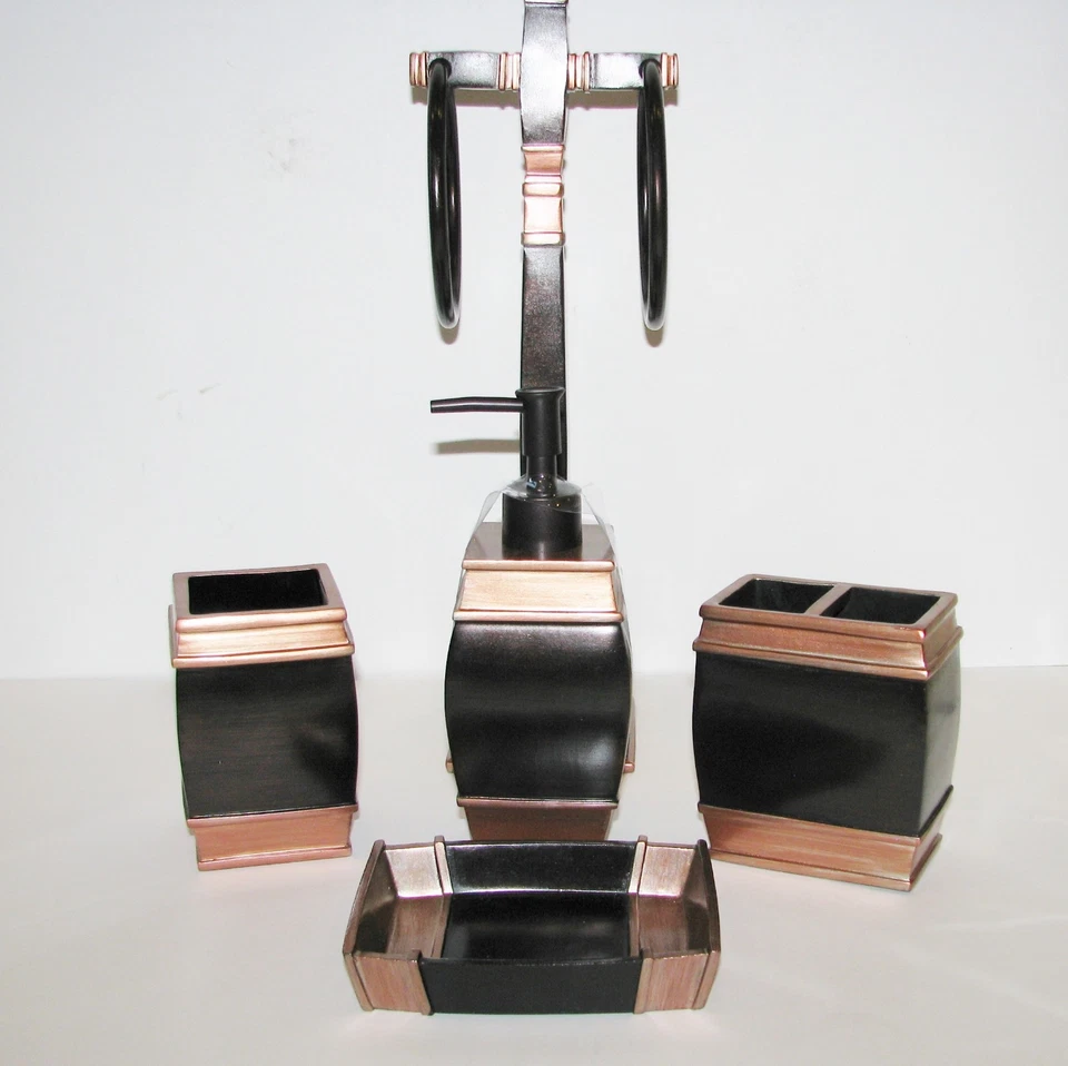 5PC Set Marrone, Rame, Oro Rosa Sapone Dispenser + Portasciugamani, Spazzolino+ - Immagine 1 di 1