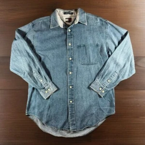 VTG TOMMY HILFIGER Shirt Mens Medium (BIG) Light Wash Classic Denim Button Down - Picture 1 of 10