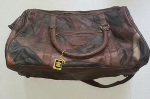 Vintage Leather Brown Patchwork Duffle Bag Shoulder Boho Mod 90's Travel New Tag - Picture 1 of 9