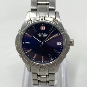 Wenger Swiss Miliary Watch Women 30mm Silver Tone Date Blue Dial New Battery - Picture 1 of 16
