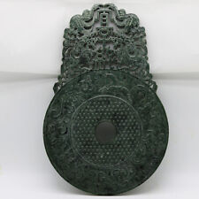 Chinese hand carve jade openwork green Disc Bi with Chi dragon human grains D247