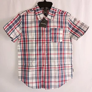 Eddie Bauer Boys Plaid Shirt Size M Blue Red Salsa Cotton Button Front NWT - Picture 1 of 5