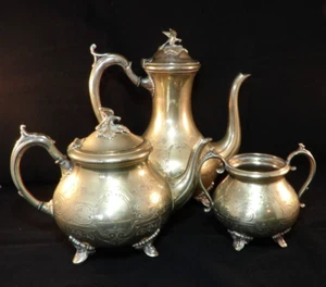 EPNS Engraved Coffee Pot Teapot & Sugar Bowl Set c1930's With Eagle Lids VGC - Picture 1 of 17