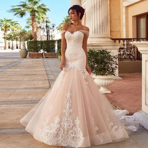 Mermaid Tulle Wedding Dress Sexy Off Shoulder Lace Appliqué Open Back BridalGown - Picture 1 of 7