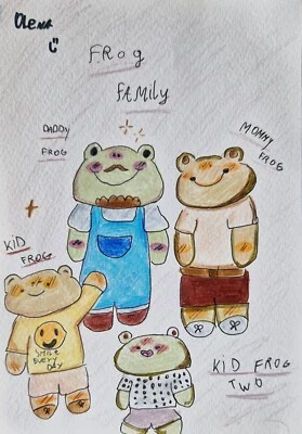 Original drawing frog family frogs naive art by Ukrainian child A5 - Image 1 of 4