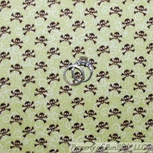 BonEful Fabric FQ Cotton Quilt Flannel BABY SKULL Green Brown Gothic Pirate Boy - Picture 1 of 8