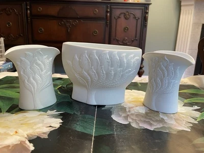 Vintage Kaiser White Porcelain Bisque Vase & Pair Of Candle Holders Foliage - Image 1 of 4