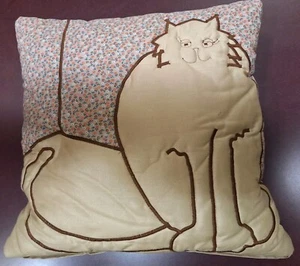 Vintage Quilted 14x14 Embroidered Cat Accent Throw Pillow - Picture 1 of 8