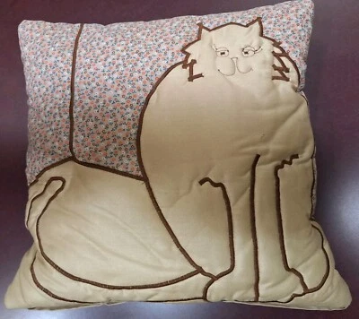 Vintage Quilted 14x14 Embroidered Cat Accent Throw Pillow - Image 1 of 4